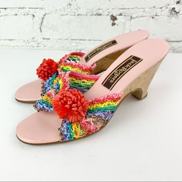 Jack Rogers Vintage Heels Raffia Rainbow Cork Wedge 70s 6.5 - Picture 1 of 12
